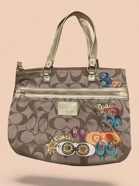 Coach Taupe Signature Tote with Metallic Gold Straps and Pop-Art Graphics